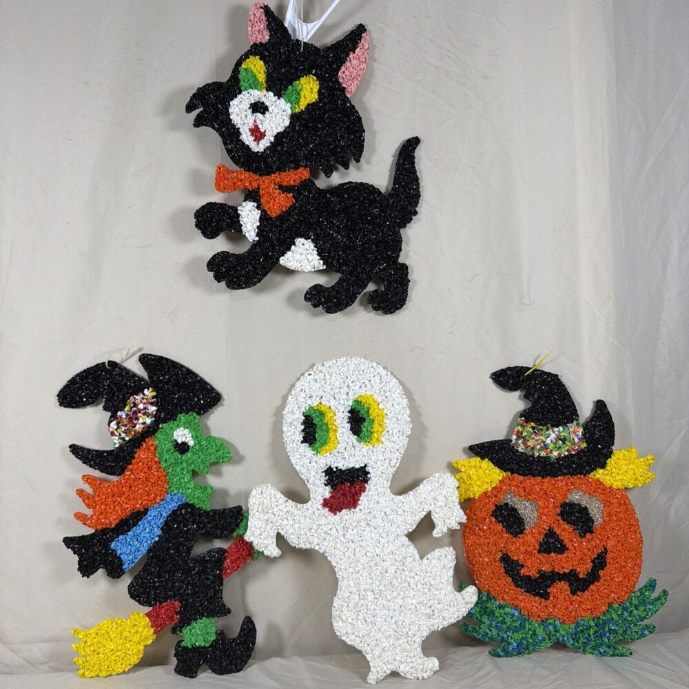 Vintage Melted Plastic Popcorn Halloween Decor Witch Ghost Cat Pumpkin Lot 4